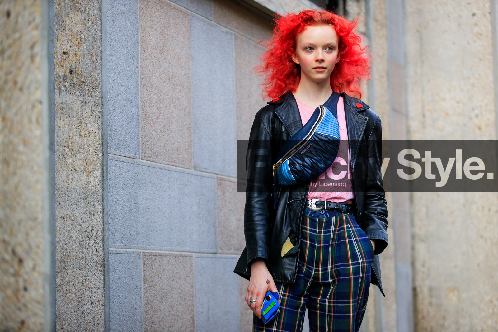 black belt, black jacket, blue bag, checked, dyed hair, fanny pack, graphic bag, graphic pants, leather bag, leather belt, leather jacket, miu miu, pink t shirt, plaid, printed bag, printed pants, red hair, tartan, trousers, street style, jonathan paciullo, FW, frenchystyle, fashion week, PFW, PARIS, AUTUMN WINTER 2018-2019, FALL WINTER 2018-2019, FW 18-19, horizontal, atmosphere details, model, lily nova