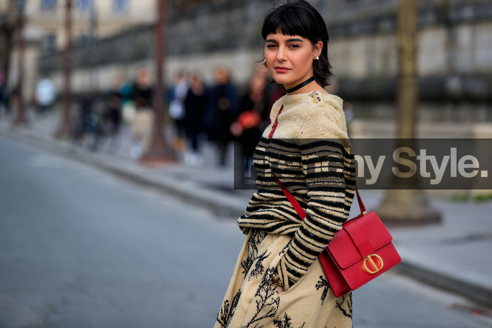 maria bernad, beige skirt, beige pullover, long skirt, striped pullover, black skirt, black pullover, floral printed skirt, dior bag, dior pullover, dior skirt, dior total look, crossbody bag, red leather bag, 30 montaigne bag, close up detail, bag detail, fashion week, frenchystyle, FW, jonathan paciullo, street style, PFW, PARIS, AUTUMN WINTER 2020-2021, FALL WINTER 2020-2021, FW 20-21, horizontal, detail, atmosphere details