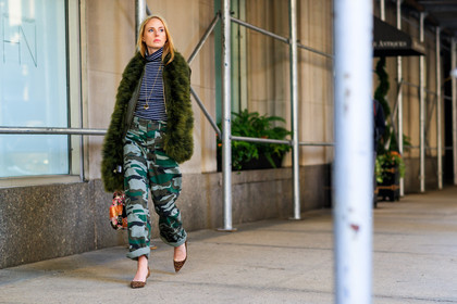 atmosphere details, brown shoes, camo pants, camouflage, fashion week, frenchystyle, full length, fur jacket, FW, green fur, green jacket, grey sweater, high heels, horizontal, jonathan paciullo, leather bag, leather shoes, leopard, leopard print, necklace, NEW YORK, NYFW, printed pants, SPRING SUMMER 2018, SS 18, street style, trousers