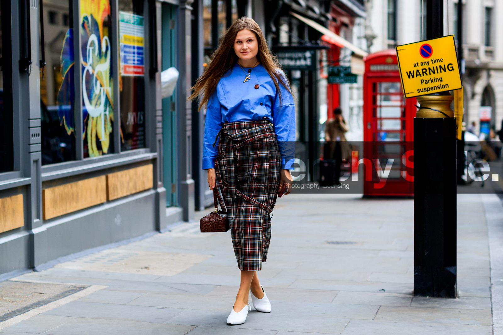 blue shirt, brown bag, checked, graphic skirt, grey skirt, high heels, leather bag, leather shoes, plaid, printed skirt, rejina pyo, tartan, white shoes, fashion week, frenchystyle, FW, jonathan paciullo, street style, LFW, LONDON, SPRING SUMMER 2019, SS 19, atmosphere details, horizontal, full length