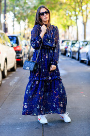 Alice & Js, black bag, blue dress, chanel, fashion week, floral, flower, frenchystyle, full length, FW, jonathan paciullo, leather bag, leather shoes, nike, PARIS, PFW, printed dress, silk dress, SPRING SUMMER 2017, SS 17, street style, sunglasses, vertical, white sneakers