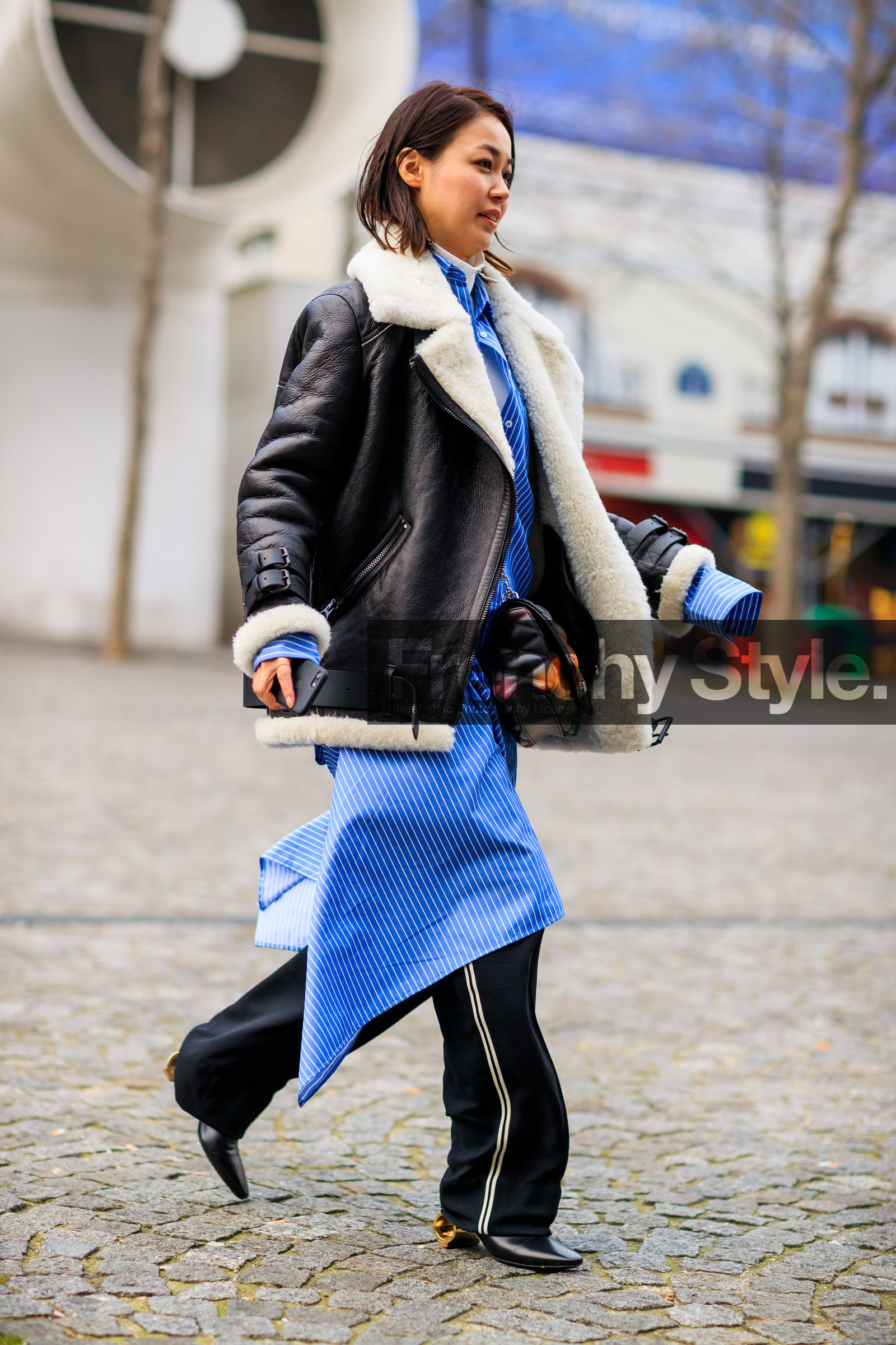 black bag, black pants, black shoes, blue shirt, brown jacket, fur jacket, geometric, graphic dress, graphic shirt, high heels, leather bag, leather jacket, leather shoes, printed dress, printed shirt, shearling, shirt dress, striped dress, striped shirt, stripes, trousers, fashion week, frenchystyle, FW, jonathan paciullo, street style, PFW, PARIS, SPRING SUMMER 2017, SS 17, HAUTE COUTURE, vertical, full length