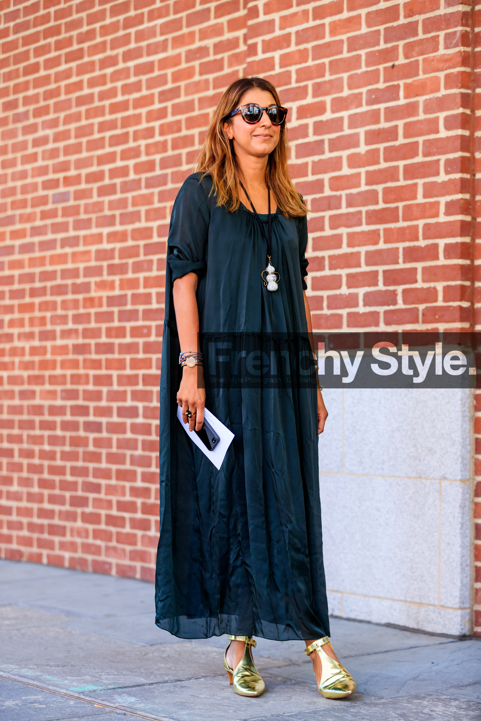black dress, fashion week, frenchystyle, full length, FW, golden shoes, high heels, jonathan paciullo, leather shoes, long dress, necklace, NEW YORK, NYFW, shiny shoes, silk dress, SPRING SUMMER 2018, SS 18, street style, sunglasses, vertical