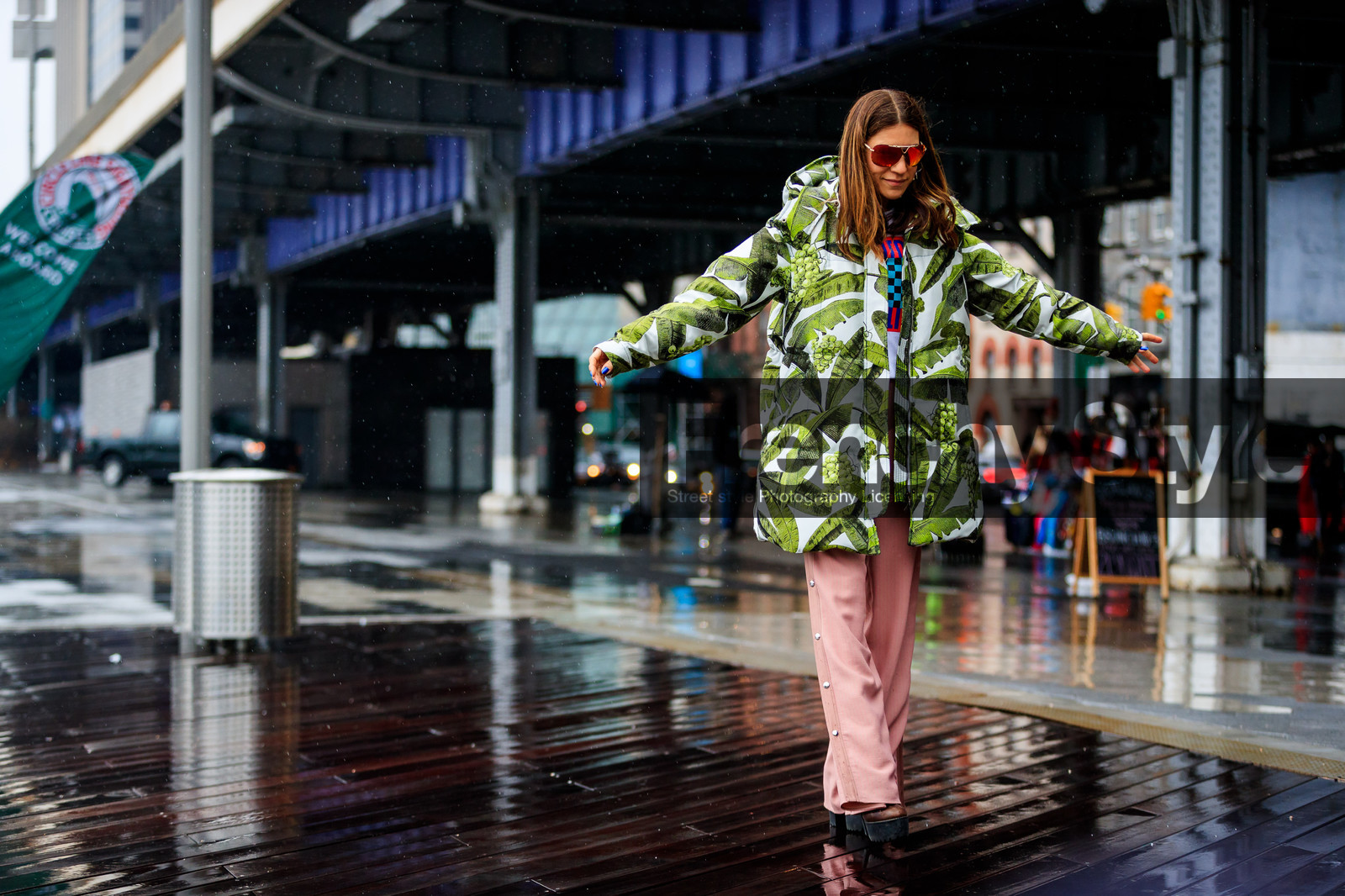 black shoes, down jacket, floral, flowers, graphic jacket, hood, leather shoes, pink pants, printed jacket, sunglasses, trousers, street style, jonathan paciullo, FW, frenchystyle, fashion week, NYFW, NEW YORK, AUTUMN WINTER 2018-2019, AW 18-19, FALL WINTER 2018-2019, FW 18-19, atmosphere details, horizontal, full length