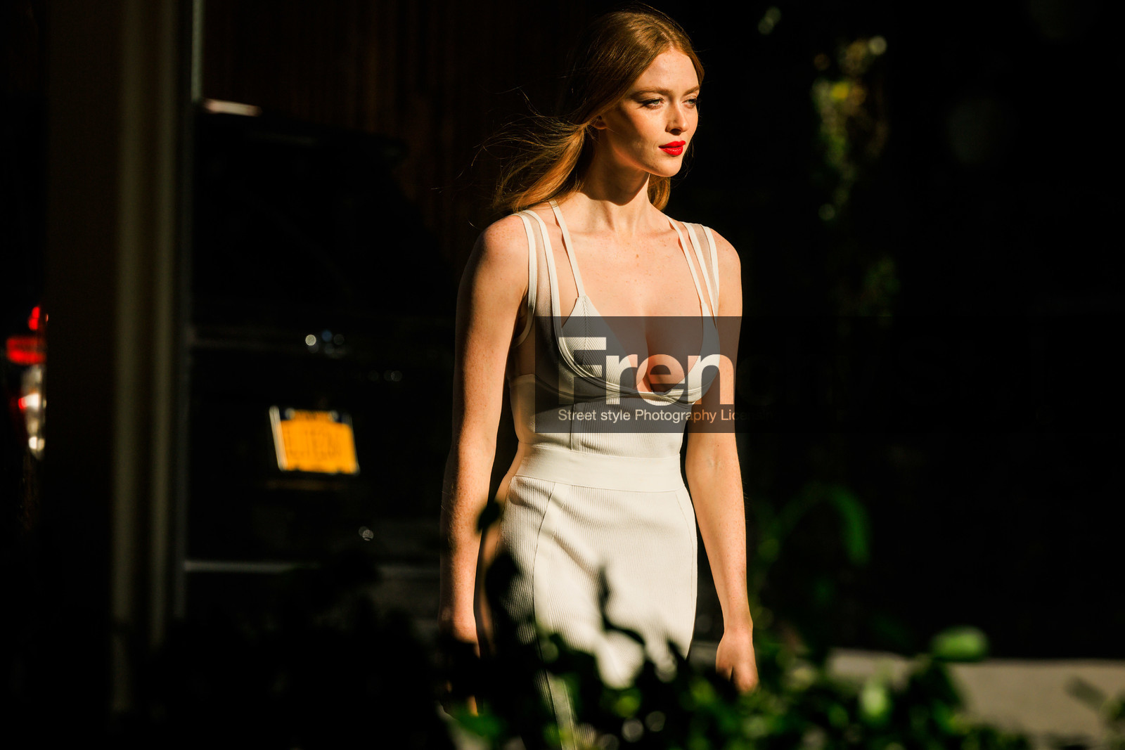 cowl neck white knitted dress, red lips, ginger hair, larsen thompson, fashion week, frenchystyle, FW, jonathan paciullo, street style, NYFW, NEW YORK, AUTUMN WINTER 2022-2023, FALL WINTER 2022_2023, FW 22-23, atmosphere details, horizontal