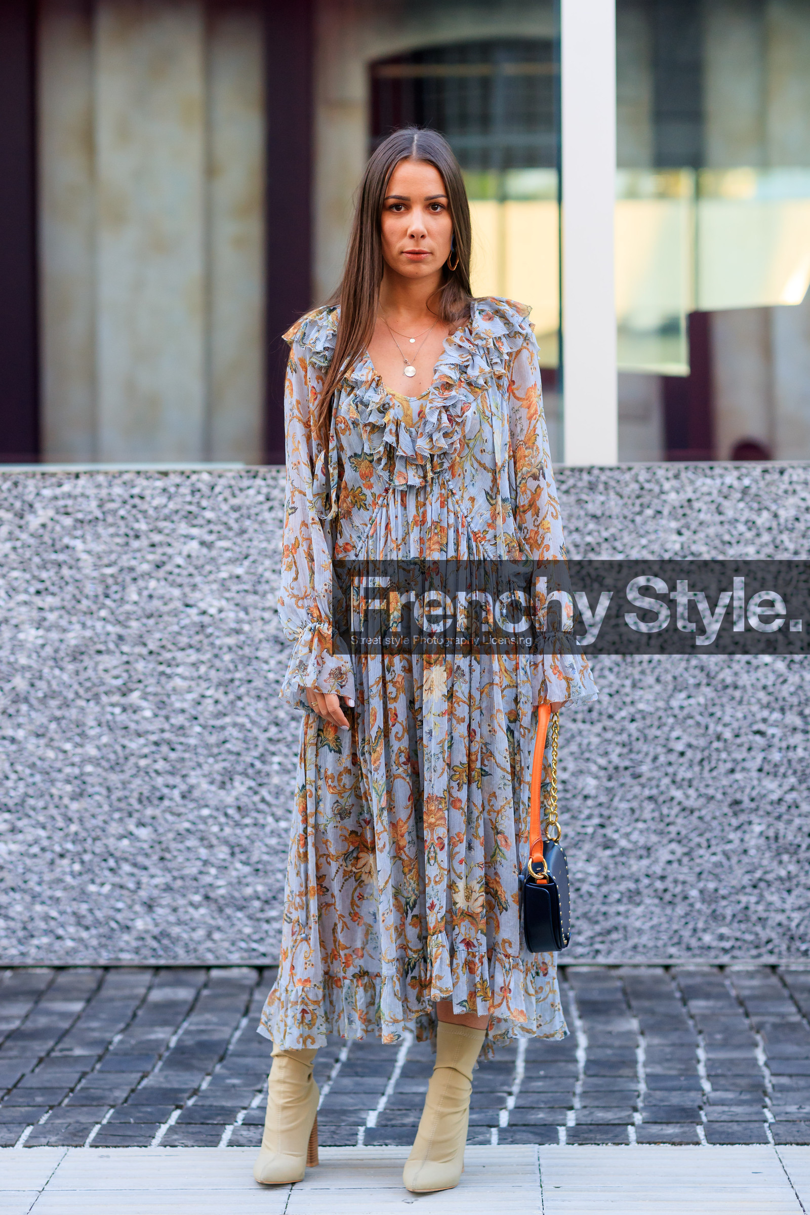 alice & j.s, beige boots, black bag, fashion week, floral, flowers, frenchystyle, full length, FW, graphic dress, grey dress, high heels, jonathan paciullo, leather shoes, MFW, MILAN, printed dress, SPRING SUMMER 2018, SS 18, street style, vertical