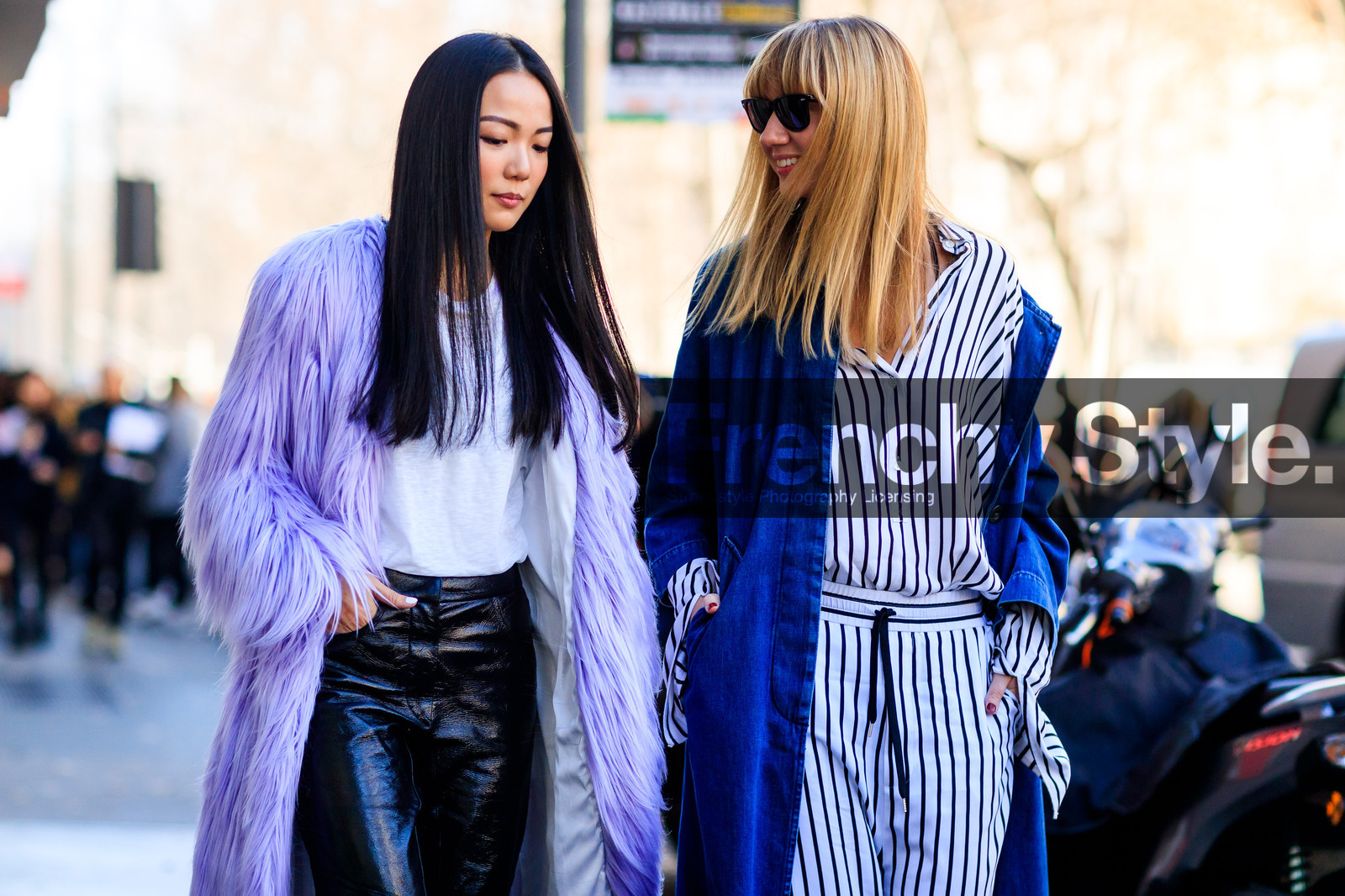 atmosphere details, AUTUMN WINTER 2017-2018, AW 17-18, black pants, blue denim, christina paik, denim coat, detail, FALL WINTER 2017-2018, fashion week, frenchystyle, Fur coat, FW, FW 17-18, geometric, graphic pants, graphic shirt, horizontal, jonathan paciullo, leather pants, lisa aiken, MFW, MILAN, oversize, pajamas, printed pants, printed shirt, purple coat, purple fur, street style, striped pants, striped shirt, stripes, sunglasses, trousers, white pants, white shirt, white t shirt, yoyo cao