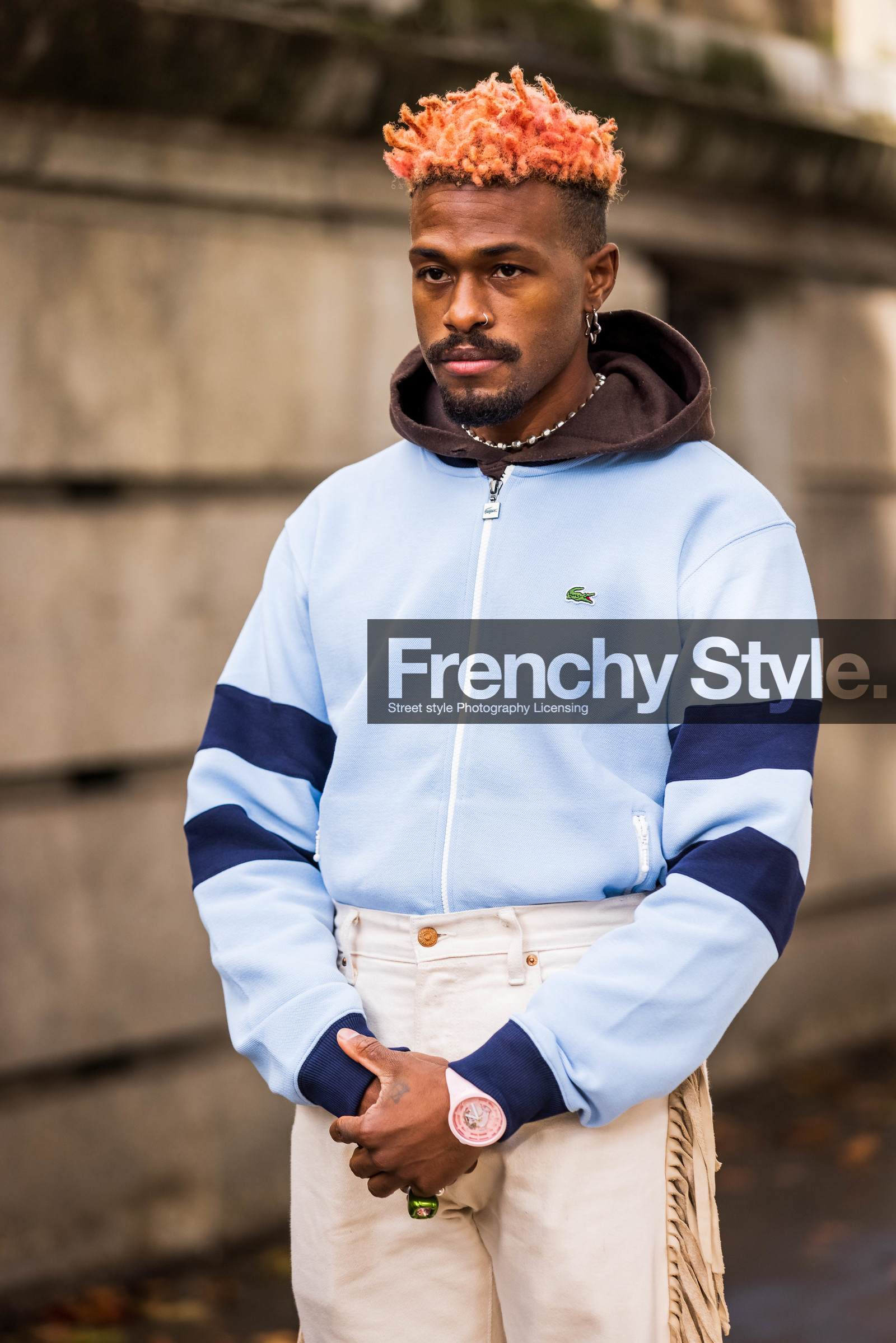 beige pants, blue hoddie, hairstyle, hoddie, menswear, orange hair, pants, pastel, stripes, watch, zipped hoddie, lacoste, fashion week, frenchystyle, FW, jonathan paciullo, street style, PFW, PARIS, SPRING SUMMER 2022, SS 22, vertical, atmosphere details