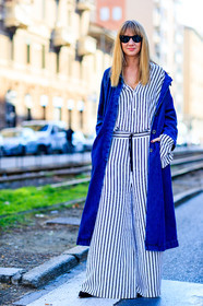 AUTUMN WINTER 2017-2018, AW 17-18, blue denim, christina paik, denim coat, FALL WINTER 2017-2018, fashion week, frenchystyle, full length, FW, FW 17-18, geometric, graphic pants, graphic shirt, jonathan paciullo, leather shoes, lisa aiken, MFW, MILAN, oversize, pajamas, printed pants, printed shirt, street style, striped pants, striped shirt, stripes, sunglasses, trousers, vertical, white pants, white shirt