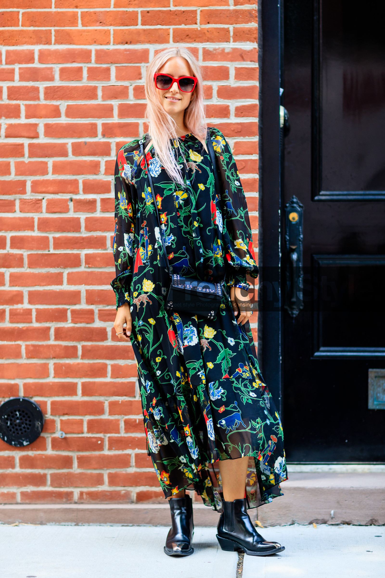 black bag, black boots, black dress, Charlotte Groeneveld, fashion week, flare jean, floral, flower, frenchystyle, full length, FW, jonathan paciullo, leather bag, leather boots, long dress, NEW YORK, NYFW, prada, printed dress, SPRING SUMMER 2017, SS 17, street style, studded bag, sunglasses, vertical, woman
