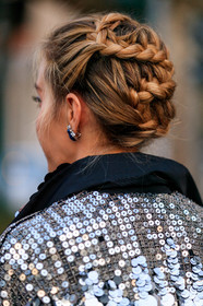 braids, earrings, embroideries, sequined jacket, shiny jacket, fashion week, frenchystyle, FW, jonathan paciullo, street style, MFW, MILAN, AUTUMN WINTER 2019-2020, AW 19-20, FALL WINTER 2019-2020, FW 19-20, vertical, atmosphere details, detail