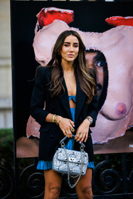long hair, black blazer, blue dress, mini dress, valentino dress, valentino bag, silver handbag, studded bag, valentino, cut out dress, multiple bracelets, tamara kalinic, street style, jonathan paciullo, FW, frenchystyle, fashion week, AUTUMN WINTER 2022-2023, FALL WINTER 2022_2023, FW 22-23, PFW, PARIS, vertical, detail