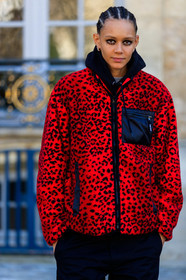 animal print, black pants, braids, earrings, eyeliner, graphic jacket, leona binx walton, leopard, model, printed jacket, red jacket, trousers, PARIS, PFW, street style, jonathan paciullo, FW, frenchystyle, fashion week, AUTUMN WINTER 2019-2020, AW 19-20, FALL WINTER 2019-2020, FW 19-20, vertical, atmosphere details, detail