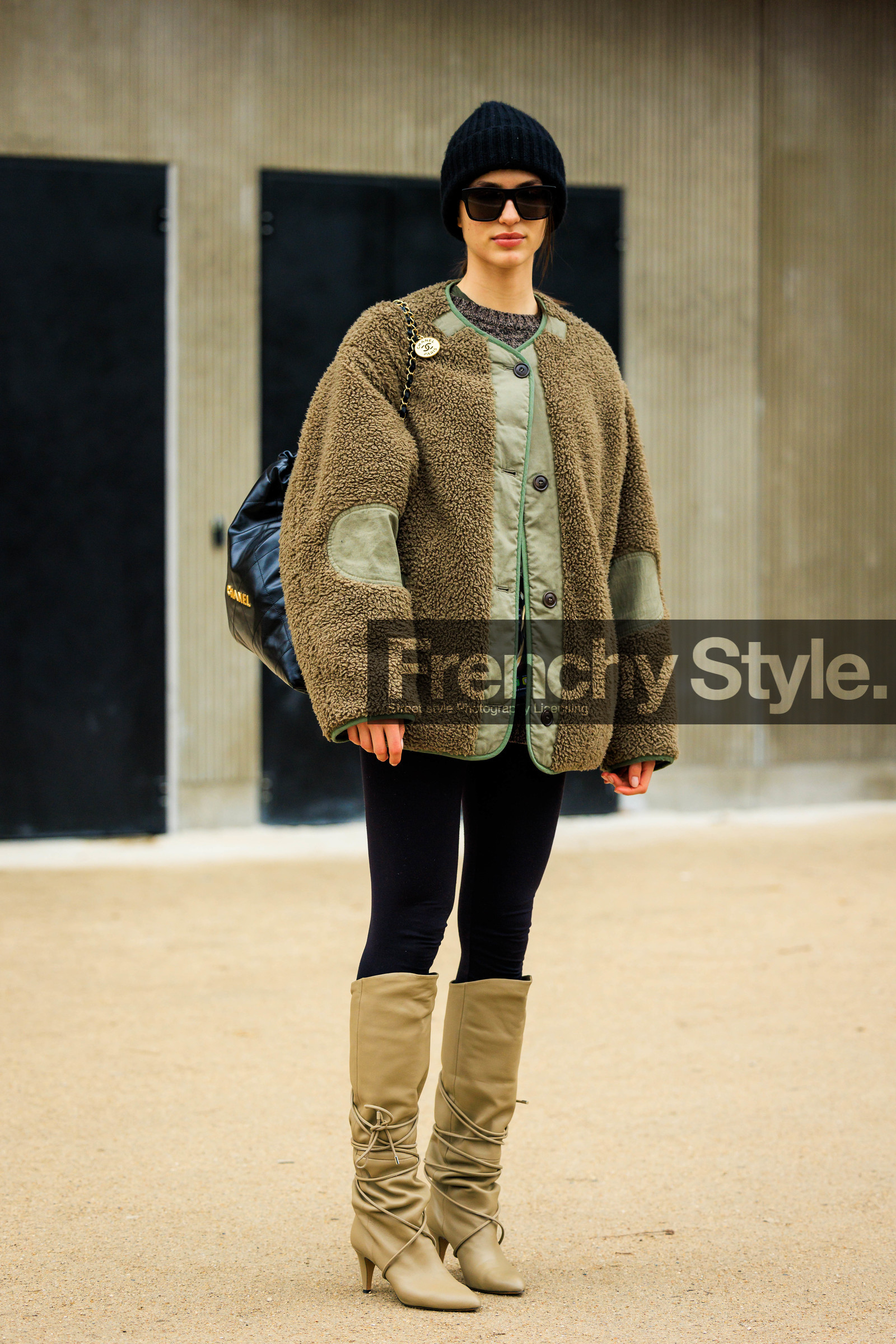 black beanie, chanel, black sunglasses, kaki coat, furry coat, fluffy coat, chanel bag, leather bag, logo bag, black leggings, kaki boots, heeled boots, model, fashion week, frenchystyle, FW, jonathan paciullo, street style, PARIS, PFW, SPRING SUMMER 2022, SS 22, full length, vertical