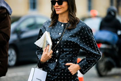 leather set, leather jacket, leather skirt, chanel paper bag, chanel, black sunglasses, studded jacket, full black look, fashion week, frenchystyle, FW, jonathan paciullo, street style, PARIS, PFW, SPRING SUMMER 2022, SS 22, atmosphere details, detail, horizontal