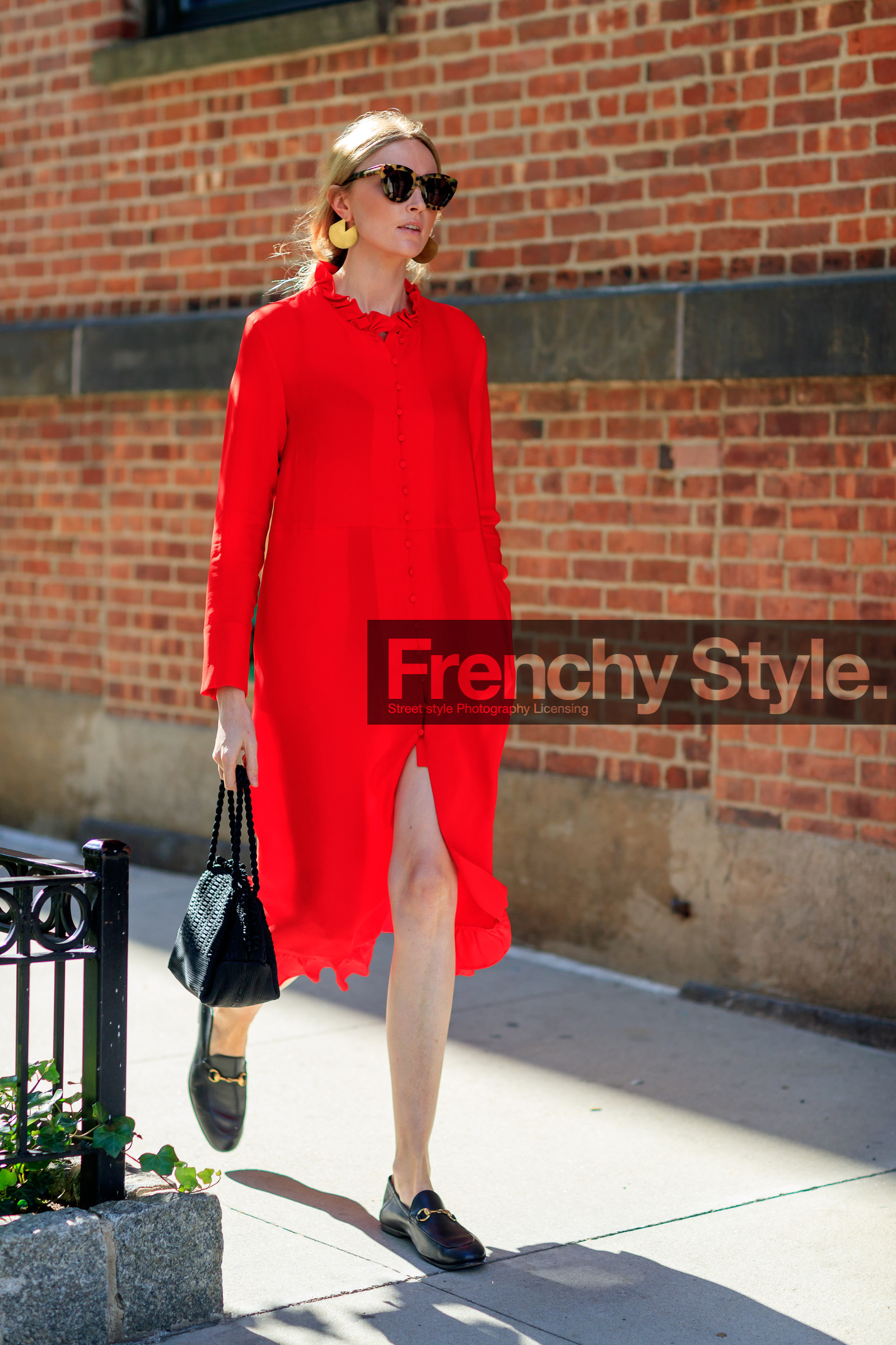 black bag, black shoes, earrings, fashion week, frenchystyle, full length, FW, gucci, jonathan paciullo, leather bag, loafers, NEW YORK, NYFW, red dress, SPRING SUMMER 2018, SS 18, street style, sunglasses, vertical