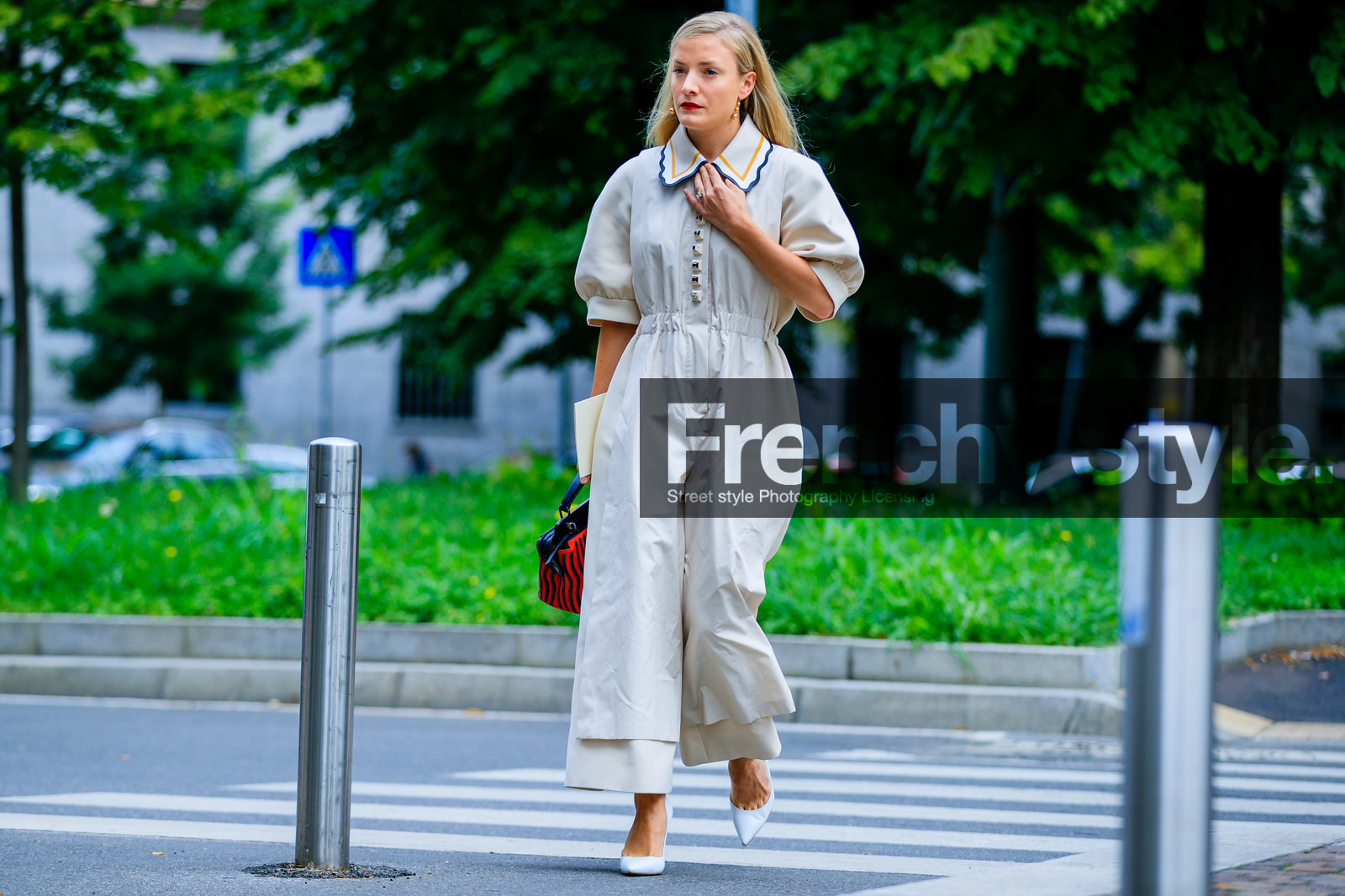 atmosphere details, earrings, fashion week, frenchystyle, full length, FW, horizontal, jonathan paciullo, kate foley, leather bag, leather shoes, MFW, MILAN, printed bag, red bag, SPRING SUMMER 2017, SS 17, street style, trousers, white jumpsuit, white shoes