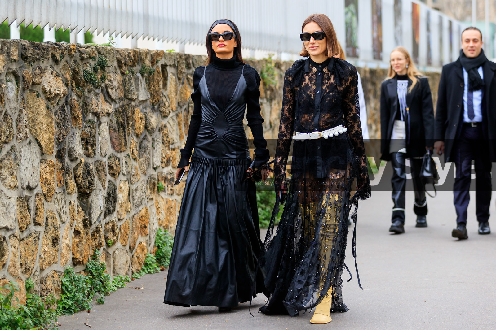 giorgia tordini, amina muaddi, black leather clutch, black leather dress, black pullover, black headband, black sunglasses, low necked dress, drape dress, sleeveless dress, turtleneck pullover, long dress, black dress, floral embroidered dress, embroidered dress, lace dress, lace collar, long sleeves dress, sheer dress, button dress, belted dress, white leather dress, yellow leather boots, high boots, loewe clutch, loewe dress, loewe look, loewe shoes, loewe sunglasses, loewe belt, fashion week, frenchystyle, FW, jonathan paciullo, street style, PFW, PARIS, AUTUMN WINTER 2020-2021, FALL WINTER 2020-2021, FW 20-21, horizontal, full length, atmosphere details
