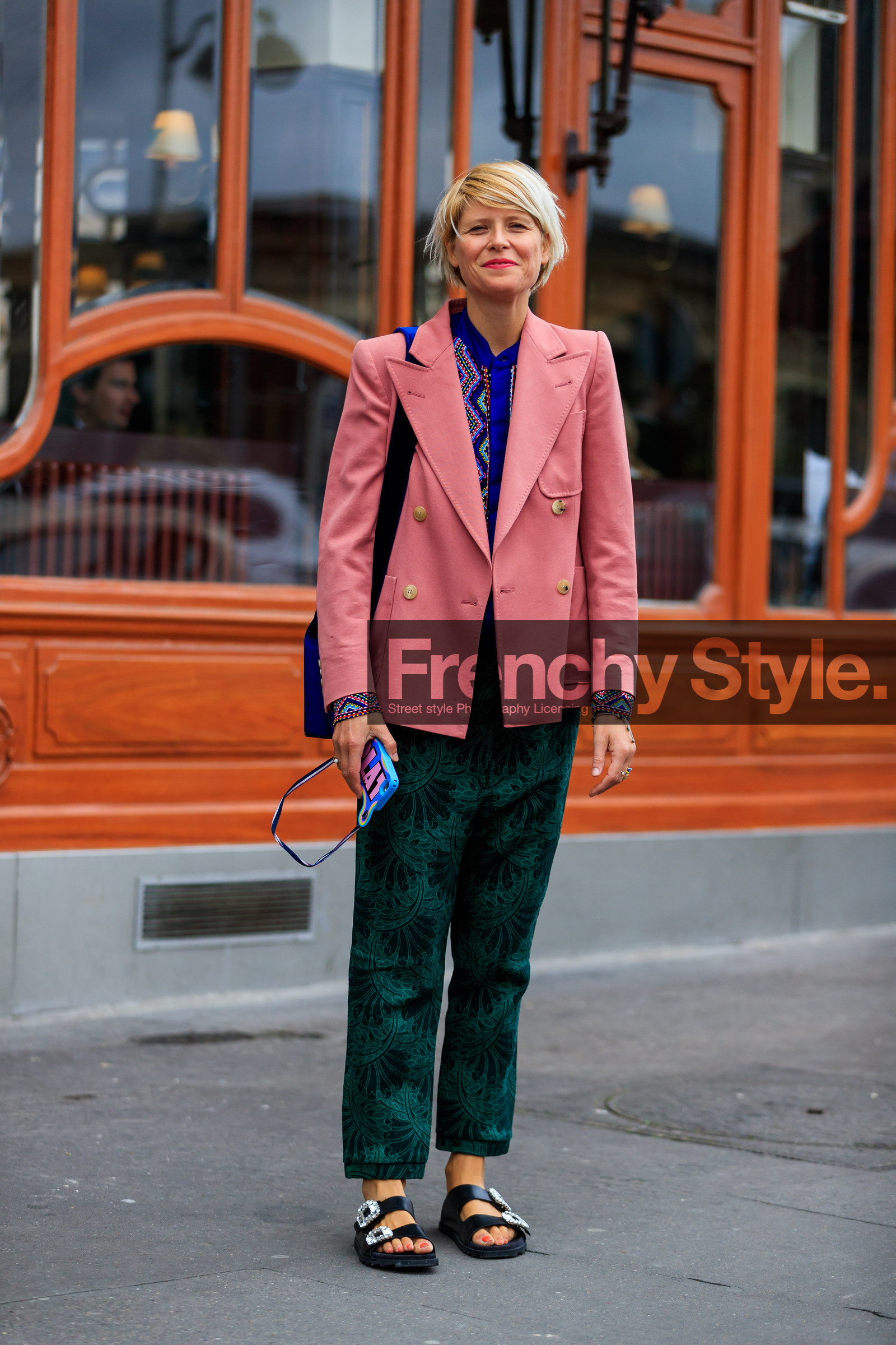 black shoes, blazer, blue shirt, fashion week, frenchystyle, full length, FW, graphic pants, green pants, jonathan paciullo, leather shoes, PARIS, PFW, pink jacket, printed pants, SPRING SUMMER 2018, SS 18, street style, trousers, vertical, elisa nalin