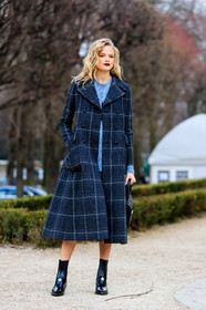 black shoes, blue sweater, checked, checked coat, christian dior, graphic jacket, grey coat, high heels, leather shoes, plaid, printed jacket, red lips, fashion week, frenchystyle, FW, jonathan paciullo, street style, PFW, PARIS, AUTUMN WINTER 2018-2019, FALL WINTER 2018-2019, FW 18-19, vertical, full length