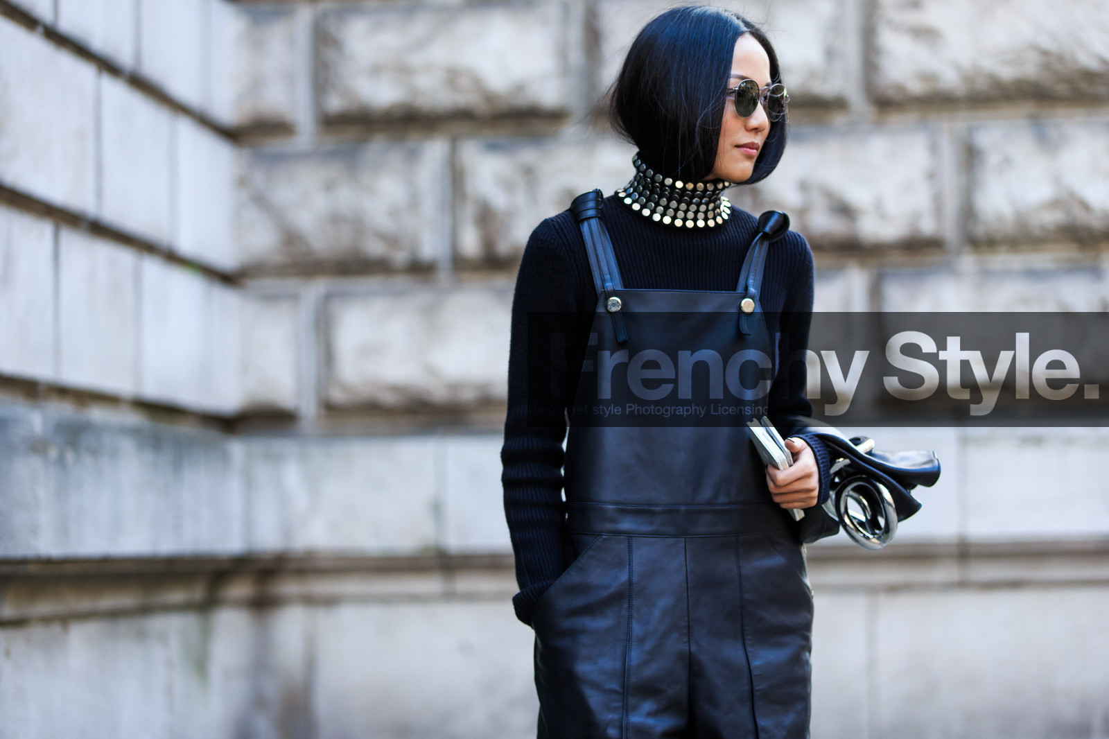 alexander wang, atmosphere details, AUTUMN WINTER 2016-2017, AW 16-17, black jumpsuit, black overall, black sweater, detail, FALL WINTER 2016-2017, fashion week, frenchystyle, FW, FW 16-17, horizontal, jonathan paciullo, leather jumpsuit, leather overall, PARIS, PFW, ray ban, street style, studs, sunglasses, turtleneck sweater, yoyo cao