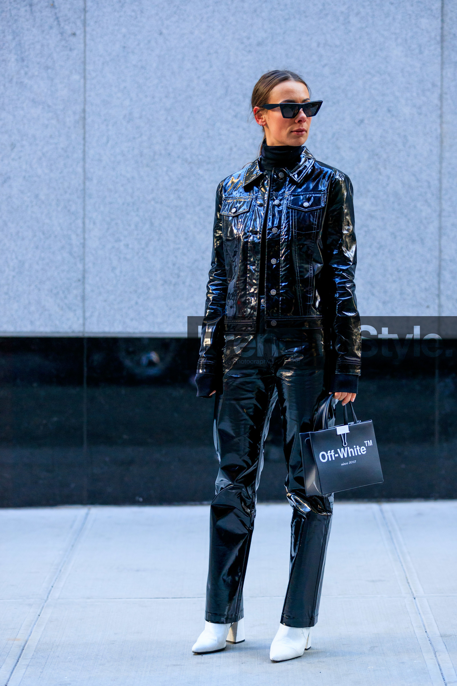 alice & j.s, black bag, black jacket, black pants, graphic bag, high heels, leather bag, leather jacket, leather pants, leather shoes, off white, printed bag, sunglasses, tone on tone, total look black, trousers, white boots, street style, jonathan paciullo, frenchystyle, NYFW, NEW YORK, AUTUMN WINTER 2019-2020, AW 19-20, FALL WINTER 2019-2020, FW 19-20, fashion week, FW, vertical, full length
