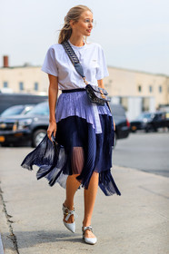 blue bag, blue skirt, christian dior, fashion week, frenchystyle, full length, FW, graphic bag, graphic skirt, jonathan paciullo, leather bag, leather shoes, leonie hanne, louis vuitton, monogram, NEW YORK, NYFW, pleated skirt, printed bag, printed skirt, SPRING SUMMER 2018, SS 18, street style, vertical, white shoes, white t shirt