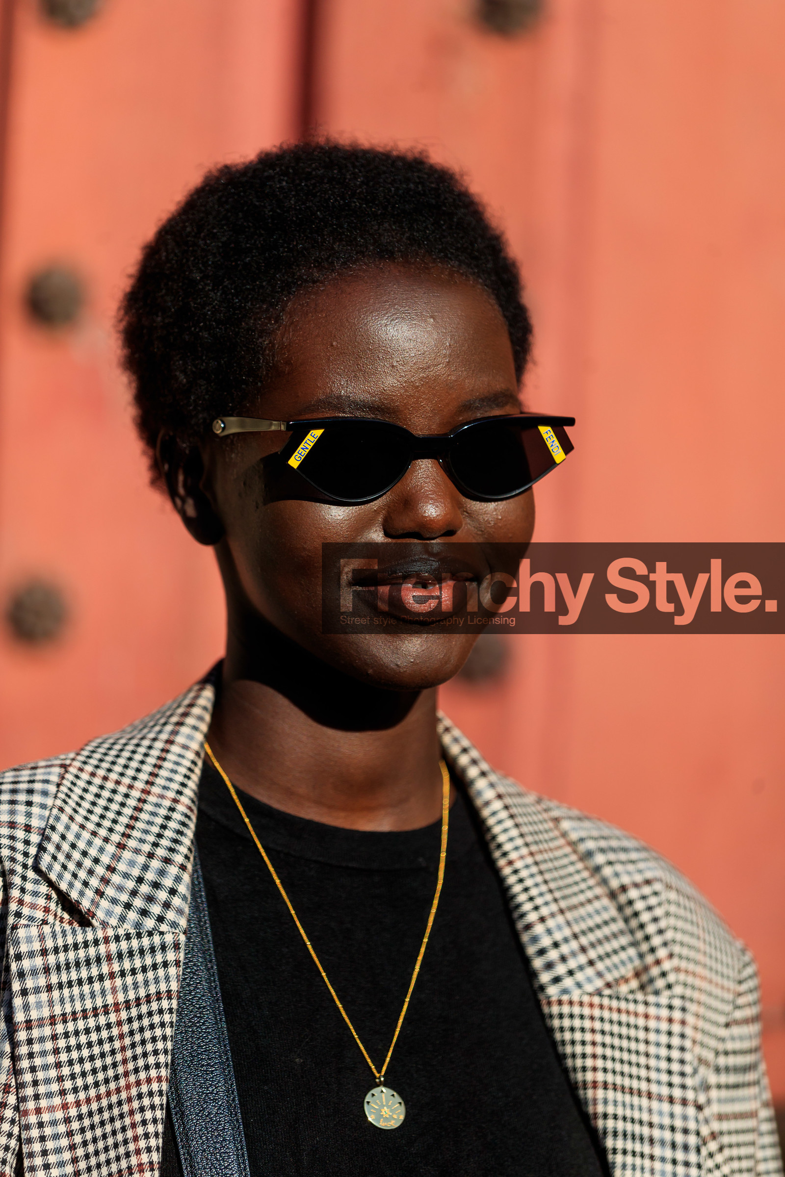 beige jacket, black sweater, blazer, checked, fendi, graphic jacket, model, necklace, plaid, printed jacket, sunglasses, PARIS, PFW, street style, jonathan paciullo, FW, frenchystyle, fashion week, AUTUMN WINTER 2019-2020, AW 19-20, FALL WINTER 2019-2020, FW 19-20, vertical, atmosphere details, detail