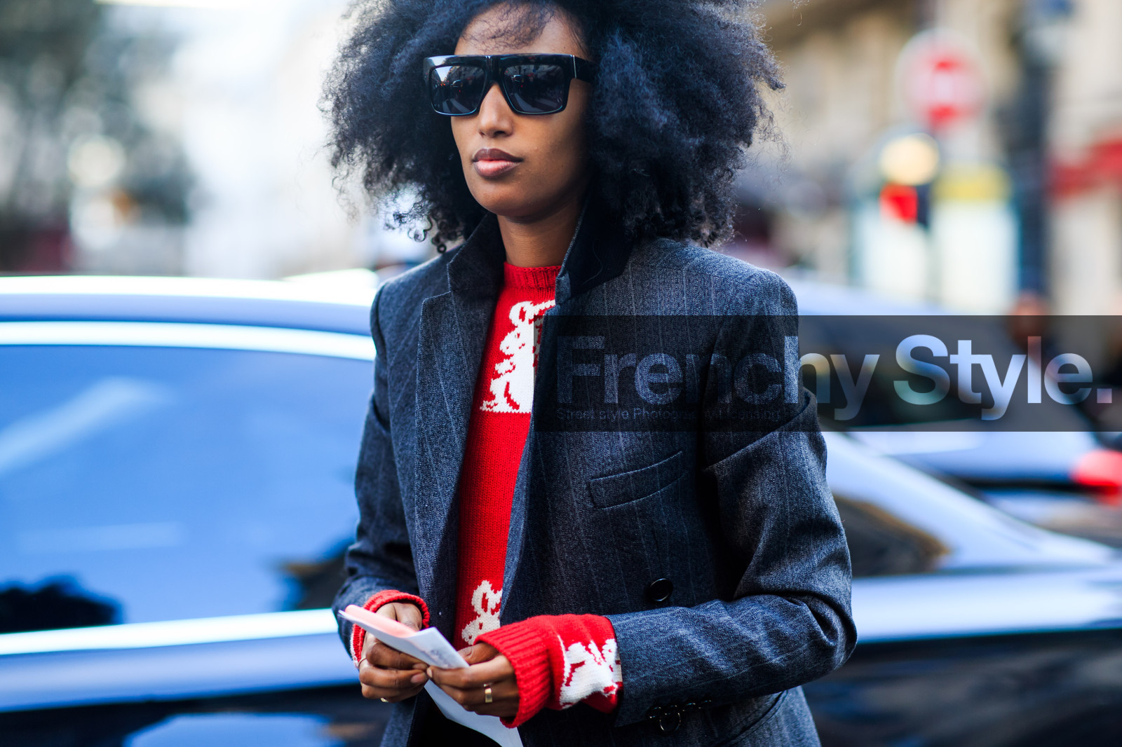 atmosphere details, AUTUMN WINTER 2016-2017, AW 16-17, blazer, curly hair, detail, FALL WINTER 2016-2017, fashion week, frenchystyle, FW, FW 16-17, grey jacket, horizontal, jonathan paciullo, julia sarr-jamois, PARIS, PFW, red sweater, street style, sunglasses