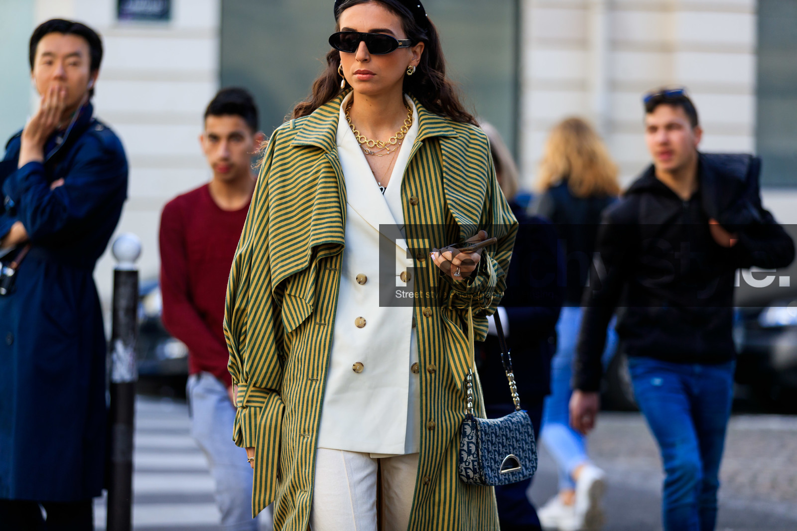black bag, blue bag, christian dior, earrings, graphic bag, graphic jacket, green coat, leather bag, monogram, necklace, printed bag, printed jacket, striped coat, sunglasses, trousers, white jacket, white pants, white suit, fashion week, frenchystyle, FW, jonathan paciullo, street style, PFW, PARIS, AUTUMN WINTER 2019-2020, AW 19-20, FALL WINTER 2019-2020, FW 19-20, horizontal, atmosphere details, detail