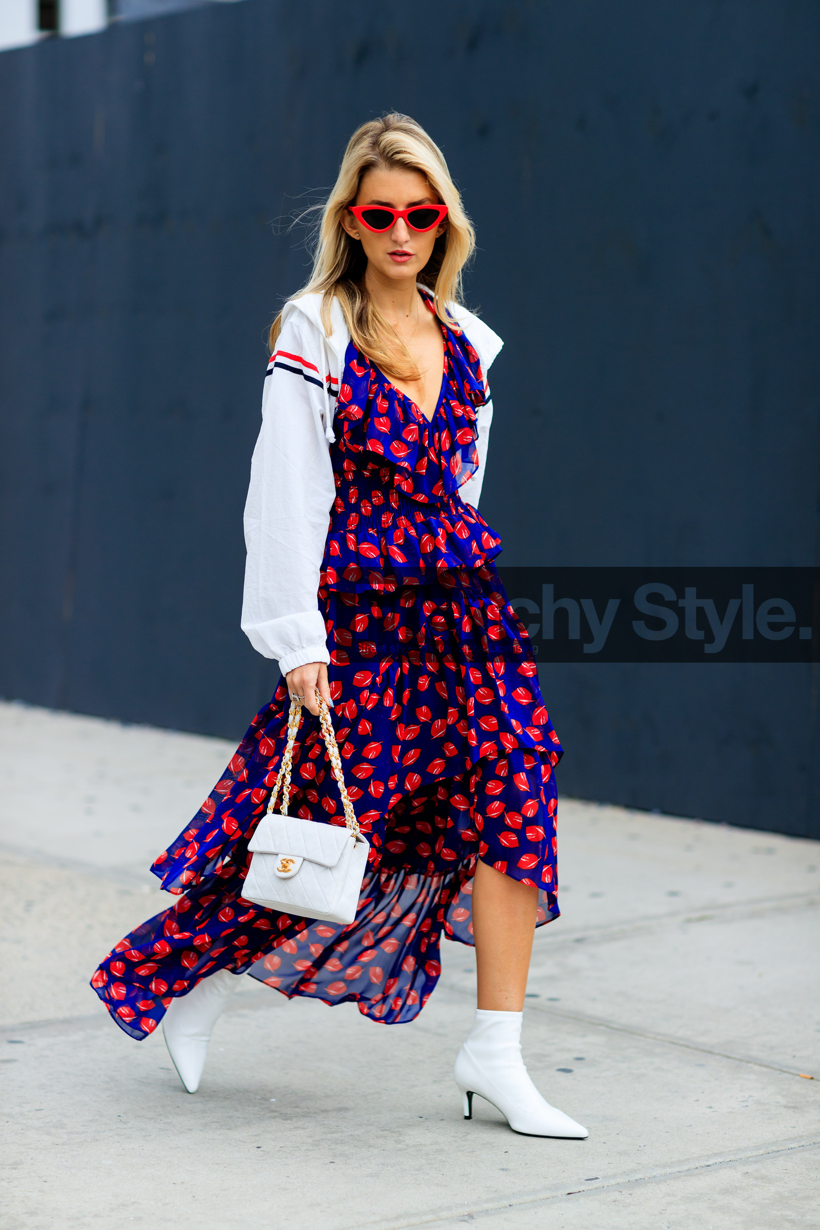 blue dress, chanel handbag, graphic dress, high heels, leather bag, leather shoes, polka dot, printed dress, sportswear, sunglasses, white bag, white boots, white jacket, street style, jonathan paciullo, FW, frenchystyle, fashion week, NYFW, NEW YORK, SPRING SUMMER 2019, SS 19, vertical, full length