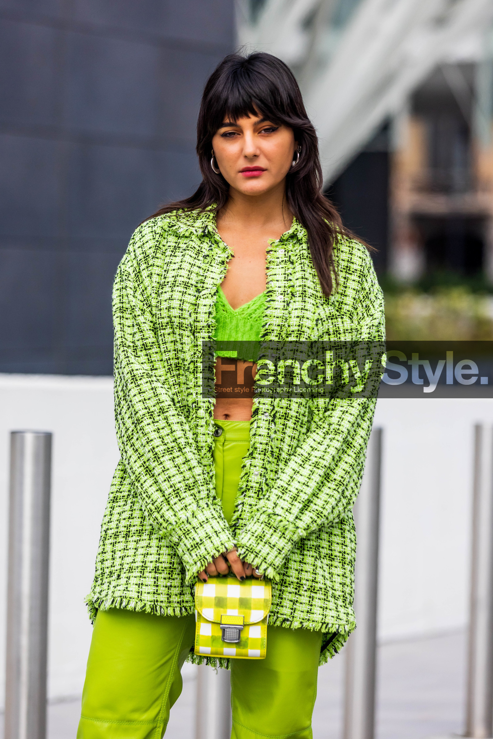 checked bag, checked shirt, color, fluo color, green bra, green monochrome, green pants, knitted bra, leather bag, leather pants, Maria Bernad, monochrome, msmg look, print, printed bag, printed shirt, yellow bag, fashion week, frenchystyle, FW, jonathan paciullo, street style, SPRING SUMMER 2022, SS 22, MFW, MILAN, vertical, atmosphere details