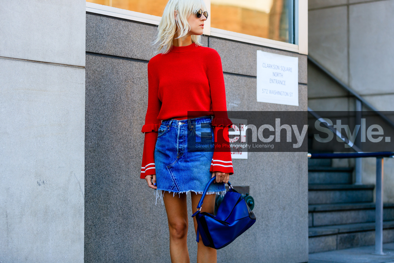 atmosphere details, blue denim, blue skirt, denim skirt, detail, fashion week, frenchystyle, FW, horizontal, jonathan paciullo, leather bag, linda tol, loewe, NEW YORK, NYFW, red sweater, SPRING SUMMER 2017, SS 17, street style, sunglasses, woman