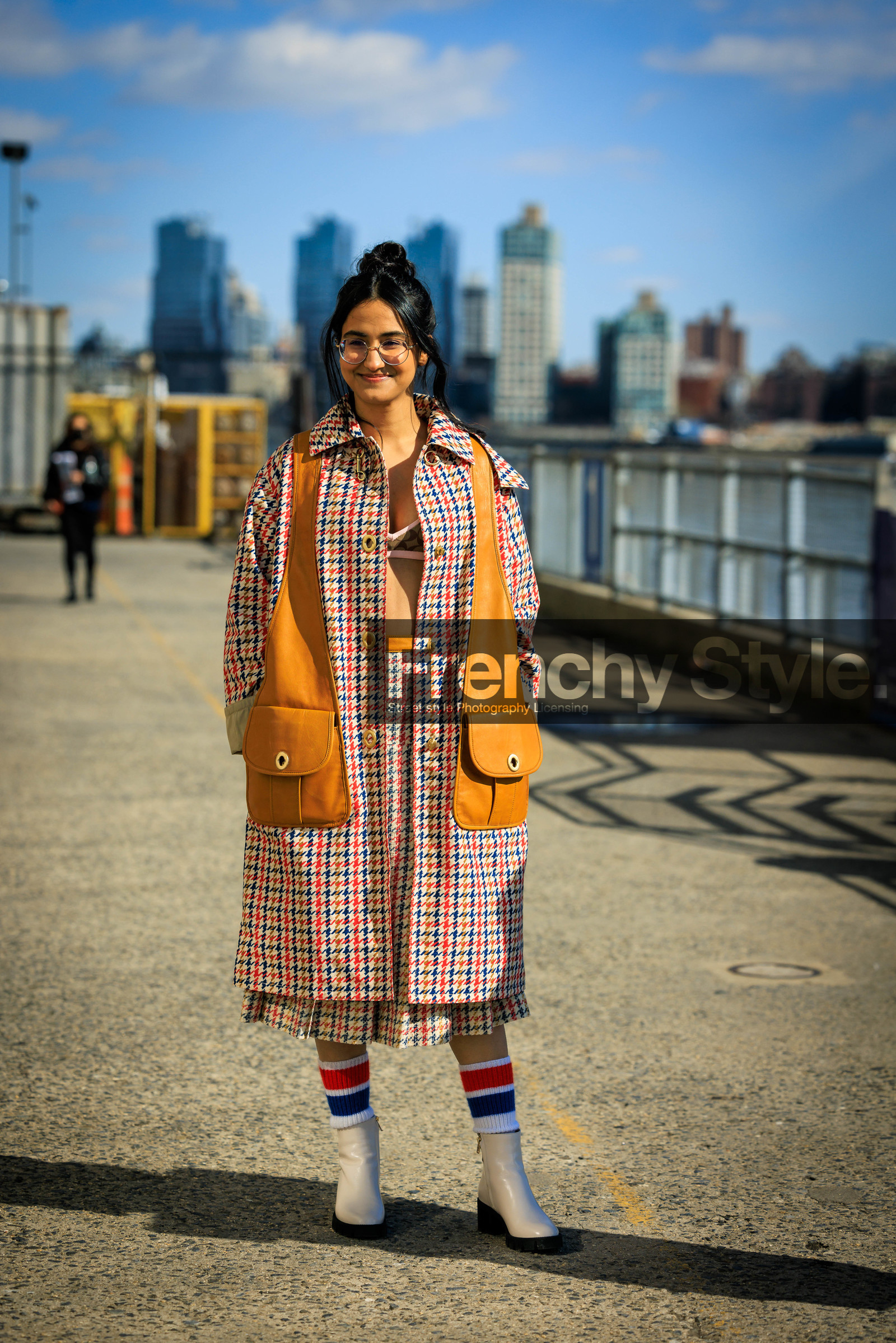 yellow veste, leather sleeveless veste, plaid multicolor jacket, red and blue jacket, printed jacket, glasses, hair bow, multicored longcoat, multicolor coat, plaid long coat, plaid coat, striped socks, white bottines, white leather bottines, tweed bra, tweed pleated skirt, Other Keywords|plaid long coat, Other Keywords|plaid coat, clothes|white leather bottines, fashion week, frenchystyle, FW, jonathan paciullo, street style, NYFW, NEW YORK, AUTUMN WINTER 2022-2023, FALL WINTER 2022_2023, FW 22-23, vertical, full length