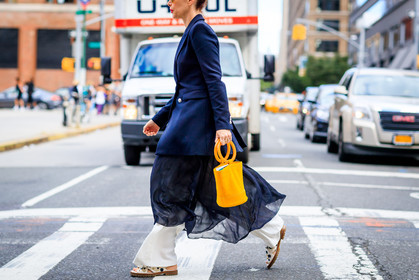 atmosphere details, black jacket, blue dress, detail, fashion week, frenchystyle, FW, horizontal, jonathan paciullo, leather bag, navy jacket, NEW YORK, NYFW, orange bag, silk dress, SPRING SUMMER 2018, SS 18, street style, trousers, white pant, white pants