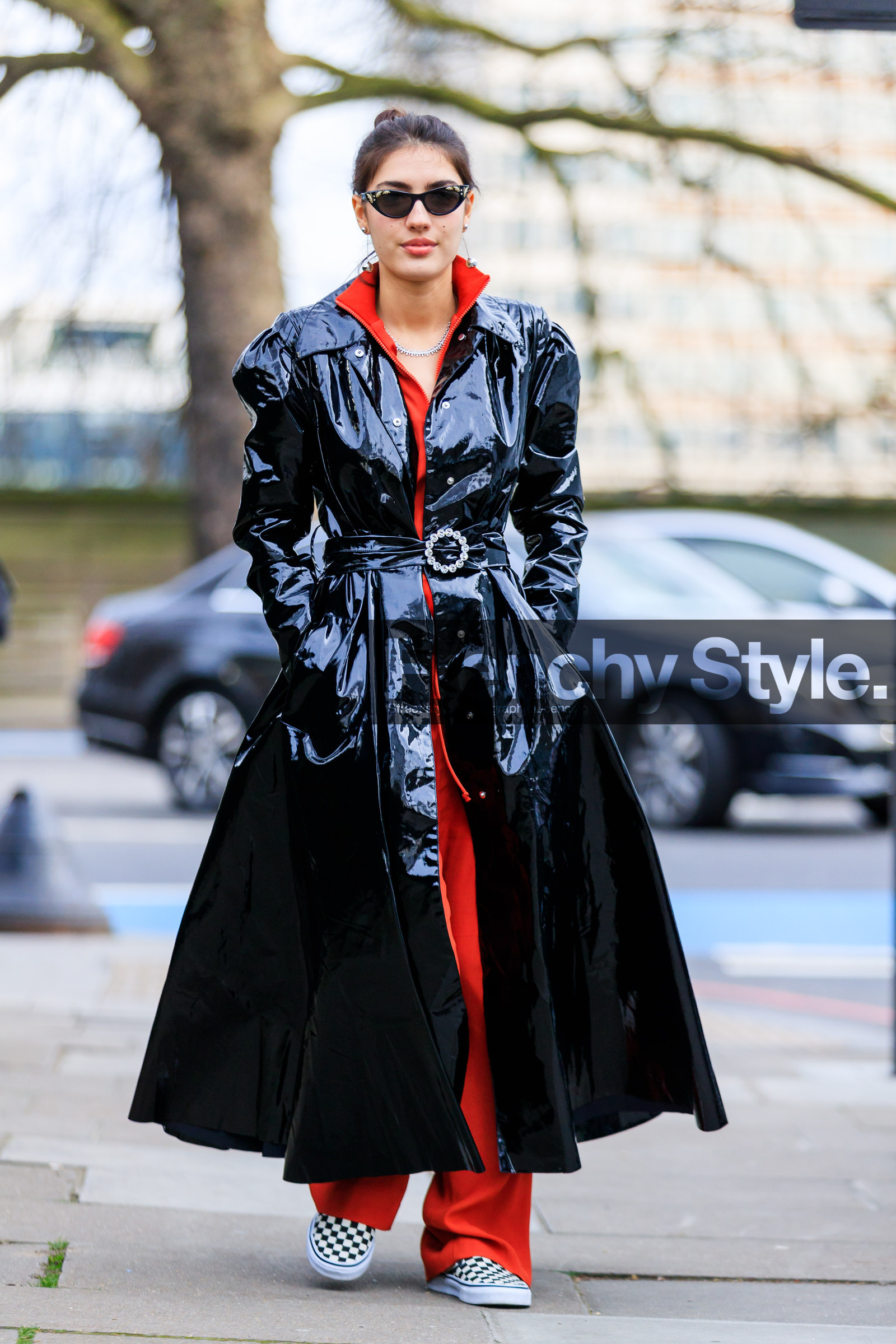 AUTUMN WINTER 2017-2018, AW 17-18, black and white shoes, black coat, black jacket, FALL WINTER 2017-2018, fashion week, frenchystyle, full length, FW, FW 17-18, jonathan paciullo, leather coat, LFW, LONDON, patricia manfield, printed shoes, red pants, red sweater, street style, sunglasses, sweatpants, trousers, vans, vertical, vinyl