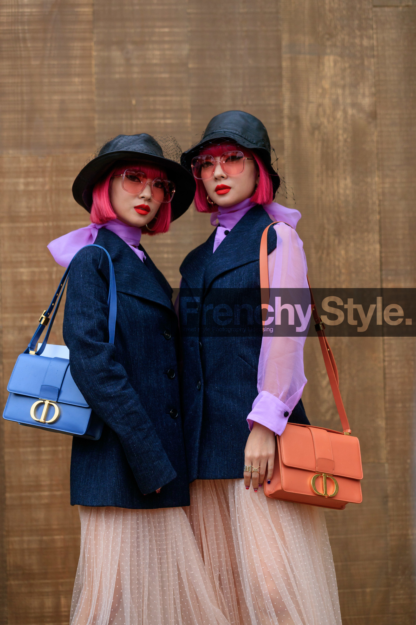 Ami and Aya Suzuki, pink hair, dyed hair, black hat, tulle hat, tulle details, pink sunglasses, square shape glasses, lilac blouse, lavalliere collar, dark grey jacket, sleeveless jacket, dior bag, dior skirt, orange leather bag, light blue leather bag, shoulder bag, nude skirt, long skirt, plumetis skirt, pleated skirt, prada boots, mini bag, laced boots, black leather boots, 30 montaigne bag, fashion week, frenchystyle, FW, jonathan paciullo, street style, SPRING SUMMER 2020, SS 20, PFW, PARIS, vertical, atmosphere details, detail