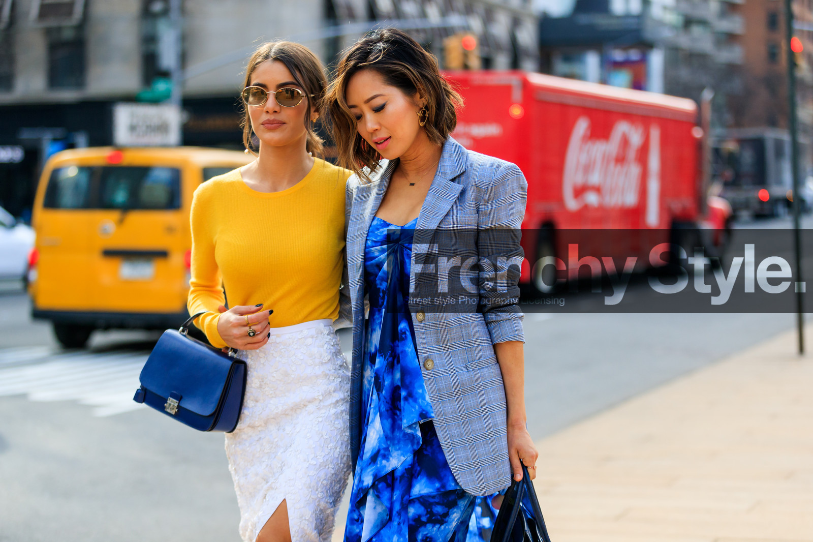black bag, blazer, blue bag, blue dress, checked, graphic jacket, grey jacket, lace skirt, leather bag, plaid, printed jacket, sunglasses, white skirt, yellow sweater, street style, jonathan paciullo, FW, frenchystyle, fashion week, NYFW, NEW YORK, AUTUMN WINTER 2018-2019, AW 18-19, FALL WINTER 2018-2019, FW 18-19, atmosphere details, horizontal, detail, aimee song, camila coelho