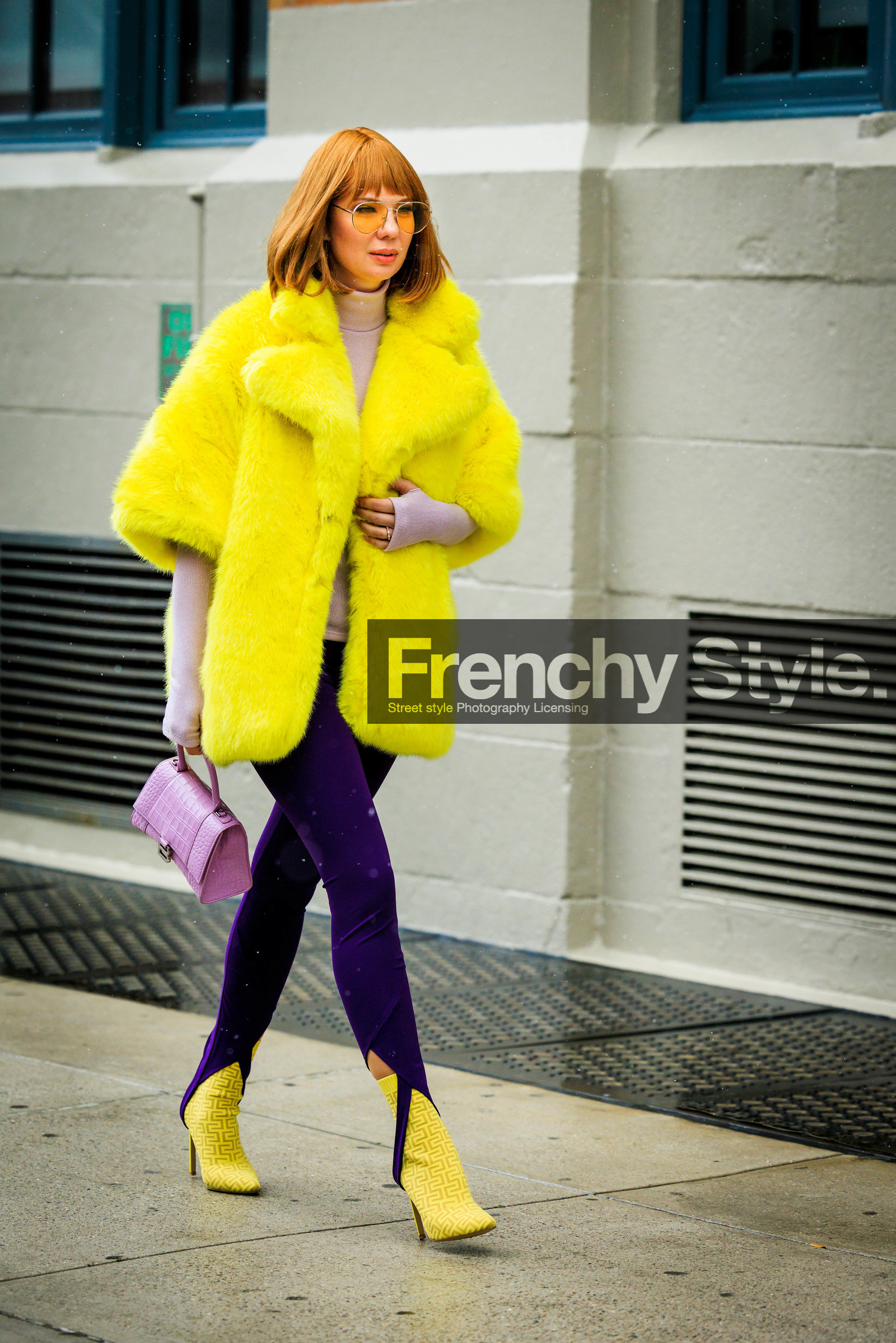 yellow furry jacket, yellow coat, furr jacket, yellow heeled boots, purple leggings, purple balenciaga bag, balenciaga hourglass bag, balenciaga handbag, beige turtle neck, fashion week, frenchystyle, FW, jonathan paciullo, street style, NYFW, NEW YORK, AUTUMN WINTER 2022-2023, FALL WINTER 2022_2023, FW 22-23, vertical, full length