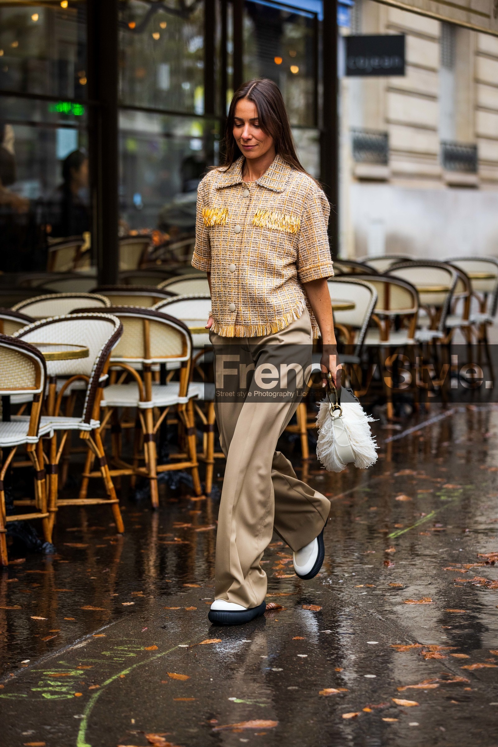 Alice Barbier, bag, beige pants, beige shirt, flare pants, fluid pants, fringes, lanvin bag, pants, printed shirt, shirt, white bag, white boots, yellow shirt, fashion week, frenchystyle, FW, jonathan paciullo, street style, PFW, PARIS, SPRING SUMMER 2022, SS 22, vertical, full length
