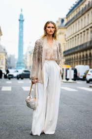 blonde hair, embroidered vest, transparent, shirt, highwaist pants, white trousers, flared pants, white bag, fashion week, frenchystyle, FW, jonathan paciullo, street style, PARIS, PFW, SPRING SUMMER 2022, SS 22, full length, vertical, chloe lecareux