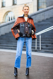 AUTUMN WINTER 2016-2017, AW 16-17, black boots, blue denim, brown jacket, denim pants, FALL WINTER 2016-2017, fashion week, frenchystyle, full length, FW, FW 16-17, high heels, jeans, jonathan paciullo, leather boots, leather jacket, PARIS, patchwork, PFW, ripped pants, street style, studs, trousers, vertical, vêtements