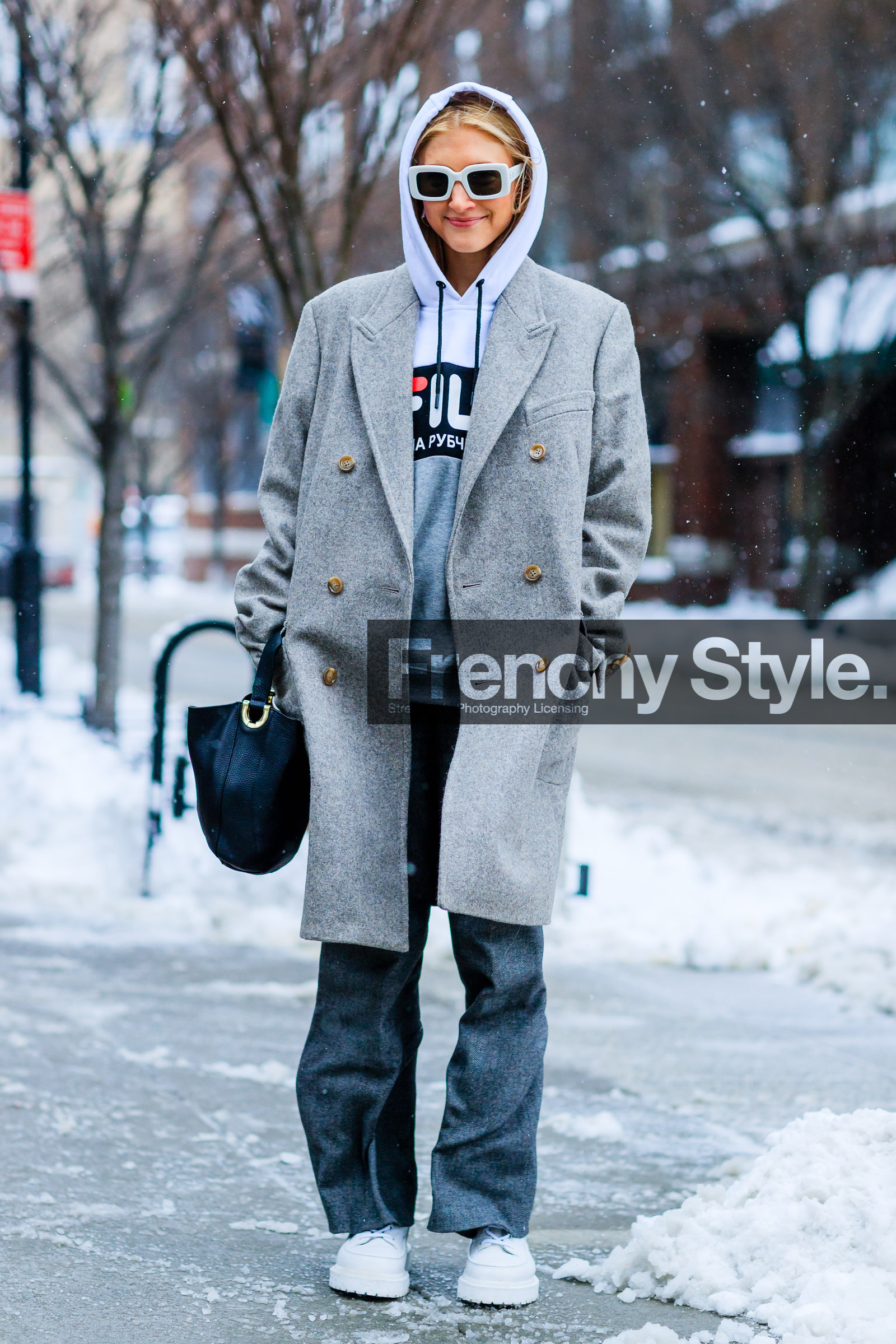 AUTUMN WINTER 2017-2018, AW 17-18, black bag, FALL WINTER 2017-2018, fashion week, fila, frenchystyle, full length, FW, FW 17-18, gosha rubchinskiy, grey coat, grey pants, grey sweater, hoodie, jonathan paciullo, leather bag, leather sneakers, NEW YORK, NYFW, street style, sunglasses, trousers, vertical, white sneakers