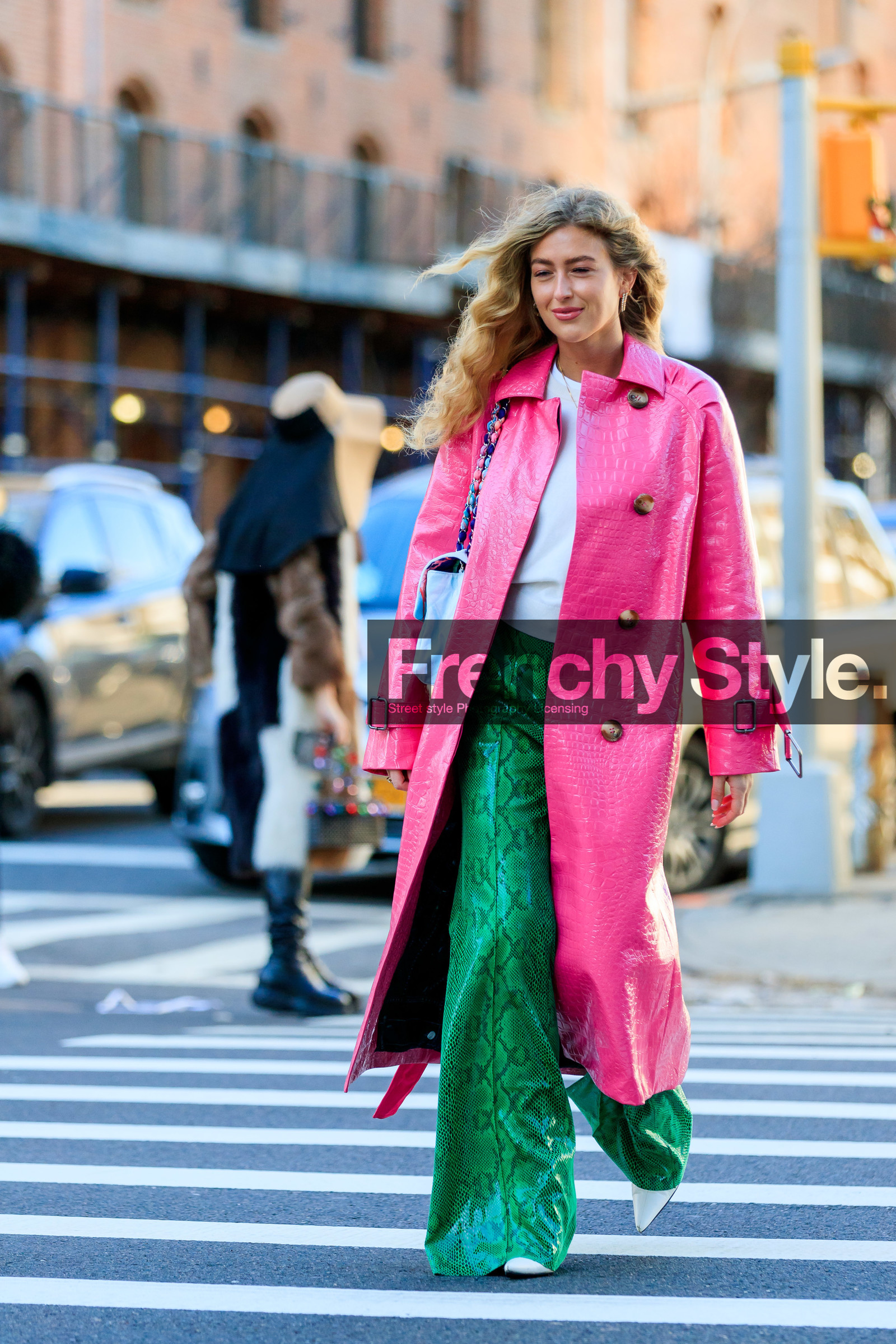 emili sindlev, pink jacket, pink coat, pink trench coat, green pants, animal skin jacket, animal skin coat, animal skin pants, white pullover, flare pants, fashion week, frenchystyle, FW, jonathan paciullo, street style, AUTUMN WINTER 2020-2021, FALL WINTER 2020-2021, FW 20-21, vertical, full length, NYFW, NEW YORK