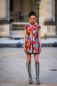 bicolor shoes, black sandals, dress, earrings, floral print, flower, gold earrings, high sandals, Jaime Xie, print, printed dress, red dress, sandals, short dress, yellow dress, fashion week, frenchystyle, FW, jonathan paciullo, street style, PFW, PARIS, SPRING SUMMER 2022, SS 22, vertical, full length