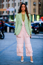 blazer, erika boldrin, green jacket, green sweater, high heels, leather shoes, pink jumpsuit, trousers, white shoes, fashion week, frenchystyle, FW, jonathan paciullo, street style, MFW, MILAN, AUTUMN WINTER 2019-2020, AW 19-20, FALL WINTER 2019-2020, FW 19-20, vertical, full length