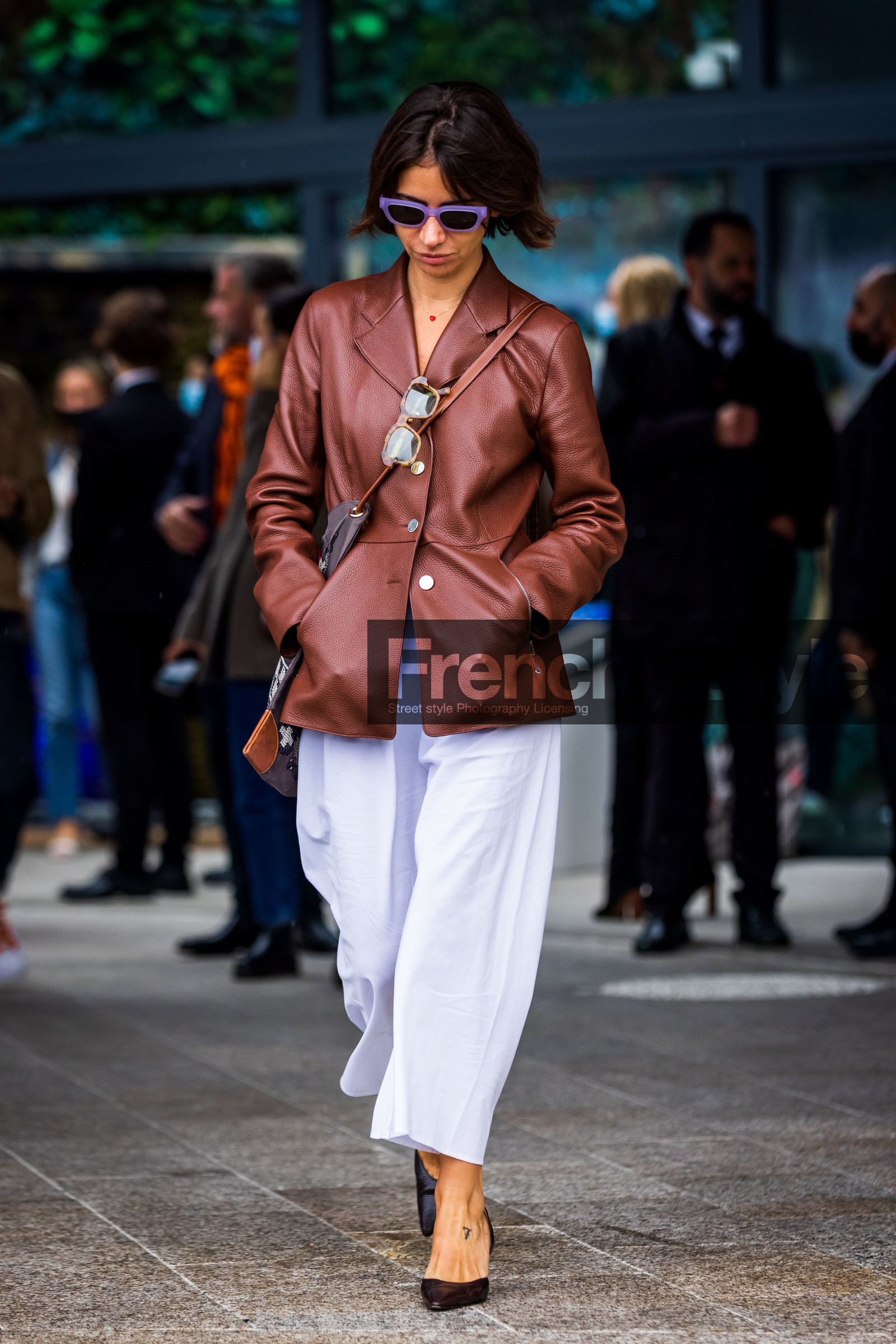 black pumps, brown jacket, flare pants, jacket, leather jacket, Natasha Goldenberg, pants, pumps, purple sunglasses, sunglasses, pumps, fashion week, frenchystyle, FW, jonathan paciullo, street style, PFW, PARIS, SPRING SUMMER 2022, SS 22, vertical, full length