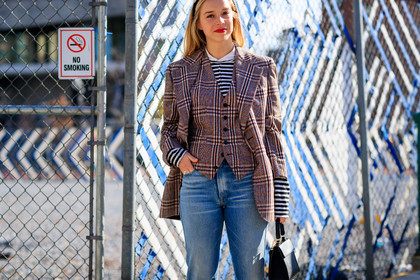 black bag, blue denim, checked, checked jacket, denim pants, graphic jacket, jeans, leather bag, pink jacket, plaid, printed jacket, red lips, striped top, tartan, trousers, vest, fashion week, frenchystyle, FW, jonathan paciullo, street style, NYFW, NEW YORK, AUTUMN WINTER 2018-2019, AW 18-19, FALL WINTER 2018-2019, FW 18-19, atmosphere details, horizontal, detail, chloe king