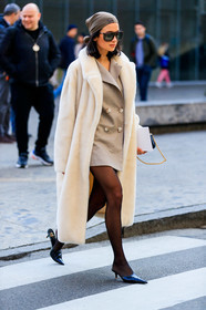 acne studios, anna rosa vitiello, beige jacket, black shoes, blazer, brown scarf, Fur coat, headscarf, high heels, leather shoes, sunglasses, tights, white coat, white fur, MILAN, MFW, fashion week, frenchystyle, FW, jonathan paciullo, street style, AUTUMN WINTER 2019-2020, AW 19-20, FALL WINTER 2019-2020, FW 19-20, vertical, full length