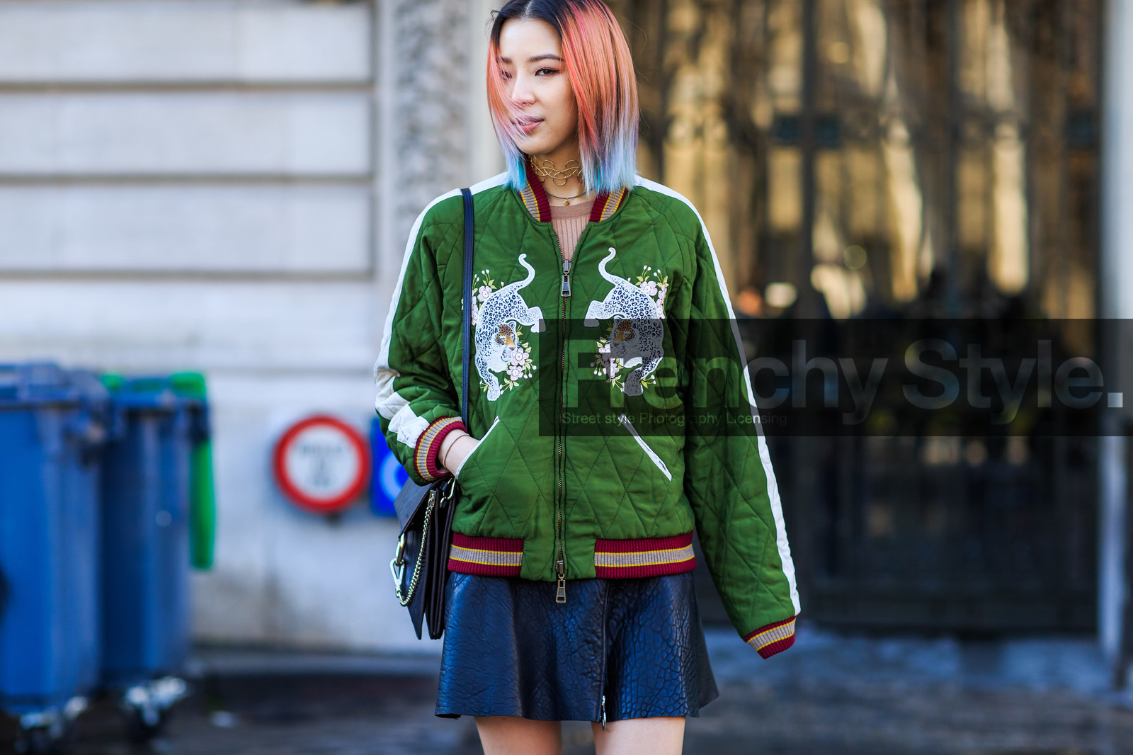 atmosphere details, AUTUMN WINTER 2016-2017, AW 16-17, black skirt, bomber jacket, detail, dyed hair, embroidered jacket, embroideries, FALL WINTER 2016-2017, fashion week, frenchystyle, FW, FW 16-17, green jacket, horizontal, irene kim, jonathan paciullo, leather skirt, PARIS, PFW, santiags, street style, teddy jacket